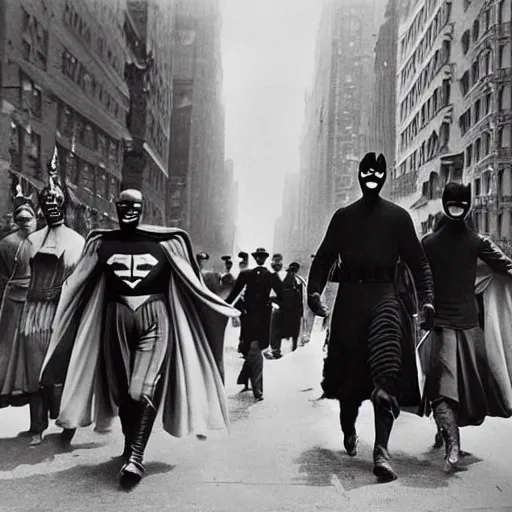 Image similar to old black and white photo, 1 9 1 3, depicting masked superheroes walking through the bustling streets of new york city, historical record