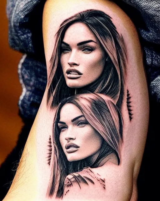 Image similar to creative double exposure effect tattoo design sketch of megan fox faded in beautiful mountain scenery, realism tattoo, in the style of matteo pasqualin, amazing detail, sharp