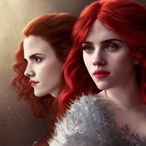 Prompt: a highly detailed portrait of scarlett johansson and emma watson and christina hendricks as polyamorous red haired vampire queens kissing in the rain and wearing a blood red dress, epic fantasy, viewed in profile from far away, ultrawide lens, art by artgerm and greg rutkowski and alphonse mucha, volumetric lighting, 4 k resolution, trending on artstation, masterpiece