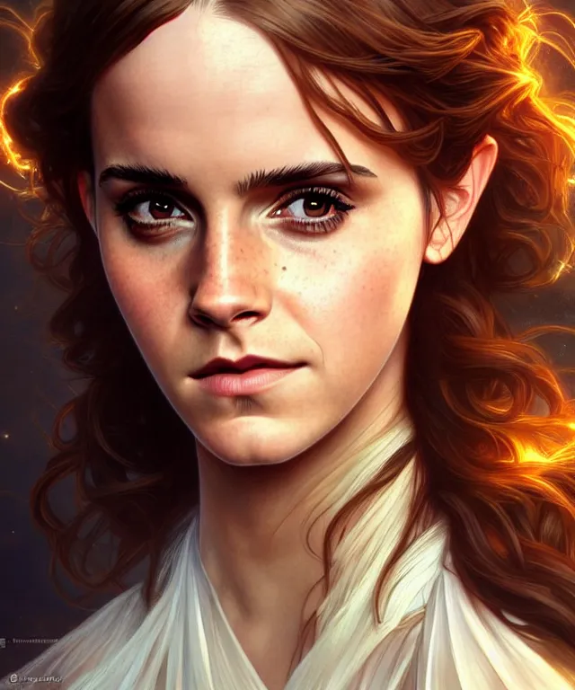 Prompt: Emma Watson as a nature prophet, sci-fi, amber eyes, face, long hair, fantasy, intricate, elegant, highly detailed, digital painting, artstation, concept art, smooth, sharp focus, illustration, art by artgerm and greg rutkowski and alphonse mucha