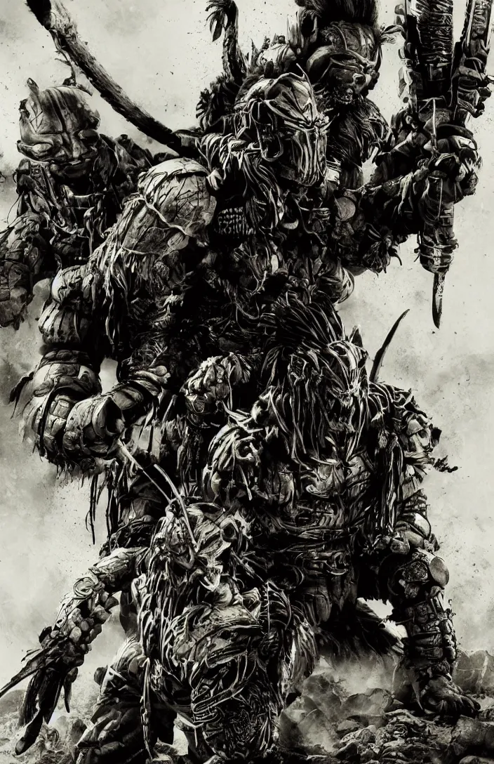 Image similar to movie predator vs samurai film poster art for hiroyuki sanada as samurai verses predator. in the style of ansel adams, frank frazzetta, realistic, detailed, octane