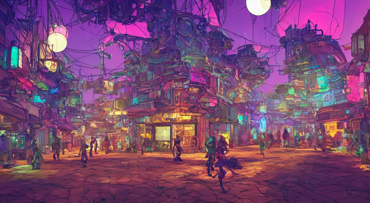 Image similar to bazaar zouk oriantal full color sky shine place mosquet painting stylized digital illustration video game icon global illumination ray tracing that looks like it is from borderlands and by feng zhu and loish and laurie greasley, victo ngai, andreas rocha, john harris