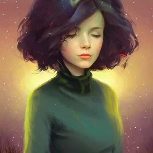 Prompt: raven bird with short brown hair and green eyes, beautiful trees and night sky with stars and galaxies, trending on artstation, by ilya kuvshinov, thomas kinkade, artgerm