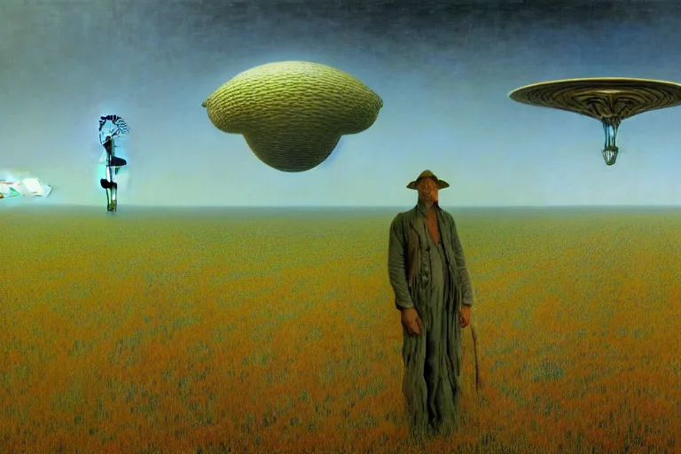 Image similar to realistic extremely detailed portrait painting of a ghost farmer, single house in a plain field and single ufo in the background, futuristic sci-fi forest by Jean Delville, Amano, Yves Tanguy, Alphonse Mucha, Ernst Haeckel, Edward Robert Hughes, Roger Dean, rich moody colours, 4k octane render, blue eyes