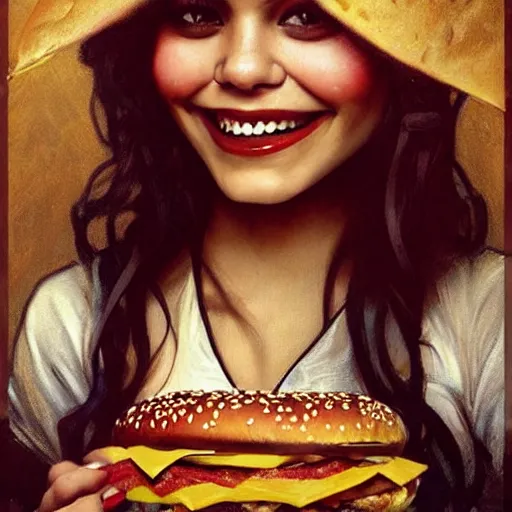 Prompt: beautiful portrait of vanessa hudgens eating a big mac hamburger, smiling, by cedric peyravernay, alphonse mucha, by jeremy mann, by lecouffe deharme, goth chic, soft lightning, eyeliner, punk rock, high detailed, 8 k