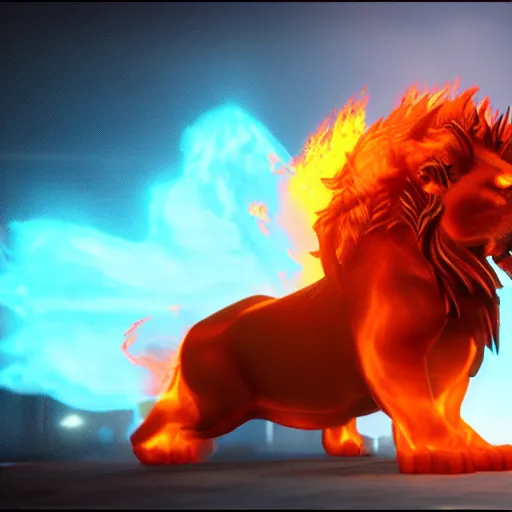 Image similar to fire lion, flaming, detail, unreal engine, cinematic lighting, colorful
