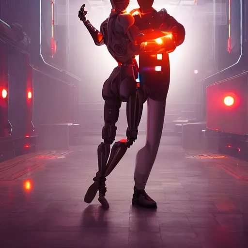 Prompt: a robot dancing tango, symmetrical, intricate, epic lighting, cinematic composition, hyper realistic, 8 k resolution, unreal engine 5, by artgerm, tooth wu, dan mumford, beeple, wlop, rossdraws, james jean, marc simonetti, artstation