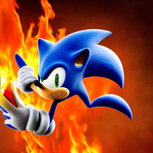 Image similar to Sonic the hedgehog committing arson, high quality award winning photograph