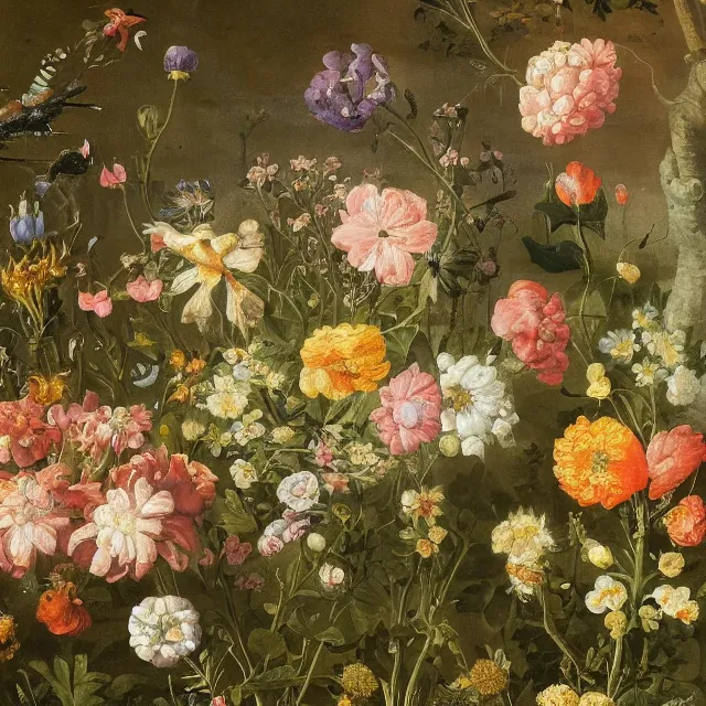 Image similar to a painting of flowers in a garden at night, a flemish baroque by jan van kessel the younger, intricate high detail masterpiece
