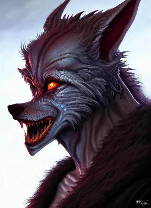 Image similar to a _ fantasy _ style _ portrait _ painting _ of werewolf, dnd, wicked, oil _ painting _ unreal _ 5 _ daz. _ rpg _ portrait _ extremely _ detailed _ artgerm _ greg _ rutkowski _ greg