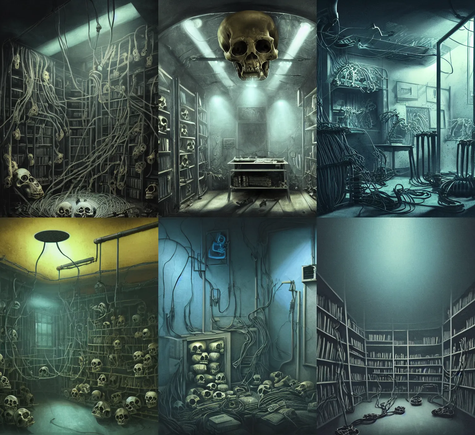 Prompt: creepy illustration of a metal room with large tubes and cables coming out of a hole in the ceiling and a bookshelf filled with skulls on the back wall, blue light, dramatic lighting, moody lighting, golden ratio, rule of thirds, matte painting, concept art, illustration, environmental art, low - angle shot, environmental design, cinematic 8 k, realistic lighting, realistic shading, octane render