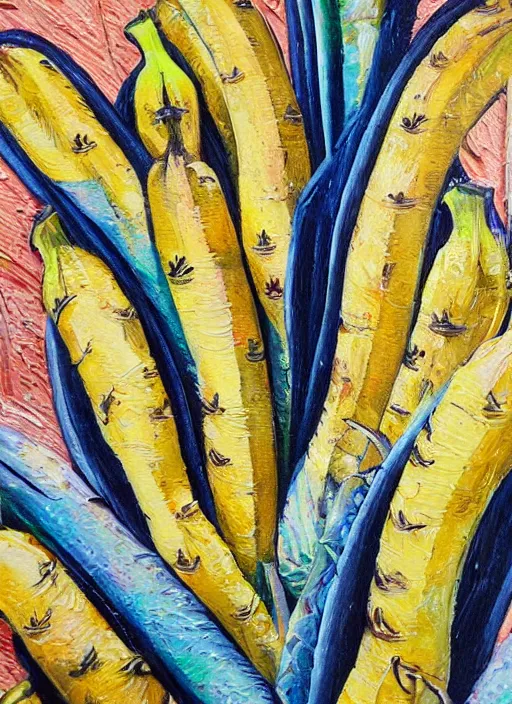 Image similar to bananas look like baguettes on a palm tree, intricately detailed acrylic painting