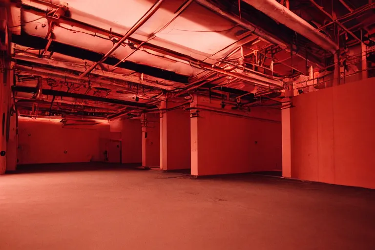 Image similar to film photography of industrial red room interior in golden hour, soft light, no focus