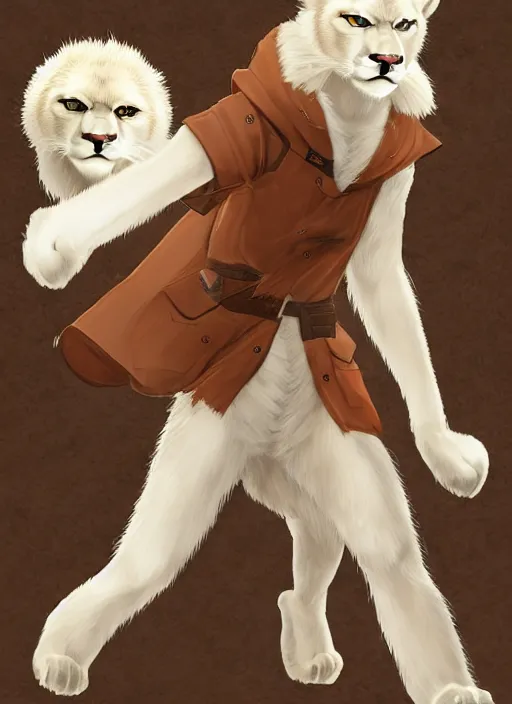 Image similar to character portrait of a anthro! albino mountain lion wearing miner's clothes. hidari, color page, tankoban, 4K, tone mapping, Akihiko Yoshida.