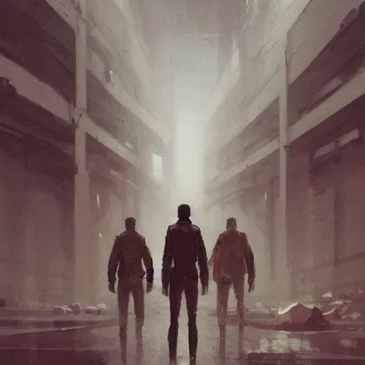 Image similar to concept art by greg rutkowski, a very tall and slender young man, dressed in patient clothes and an open sweatshirt, wandering through the desolate, futuristic, brutalist interior of a space colony, depressing atmosphere, low lighting, scifi, highly detailed portrait, digital painting, artstation, concept art, smooth, sharp foccus ilustration, artstation hq