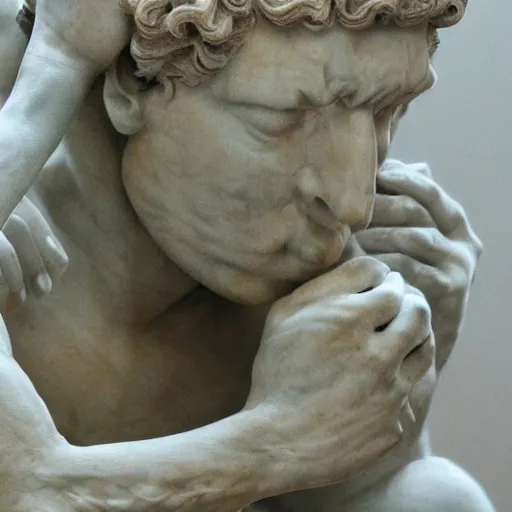 Image similar to photo of a richly detailed marble statue of a facepalming because of his slow laptop by leonardo davinci