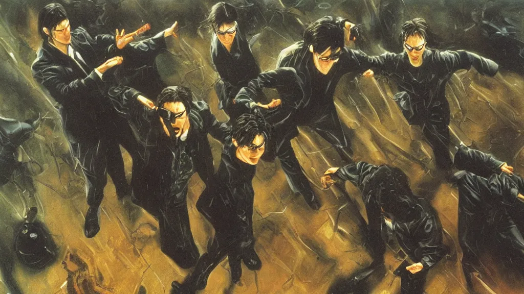 Prompt: an oil painting in the style of alan lee depicting the movie the matrix ( 1 9 9 9 )