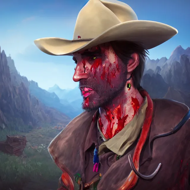 Prompt: a portrait of a bloody mysterious colorful cowboy in a mountain scenery, cartoon, unreal engine, octane render, artstation, digital art.