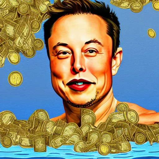 Prompt: painting of Elon Musk swimming in money and gold