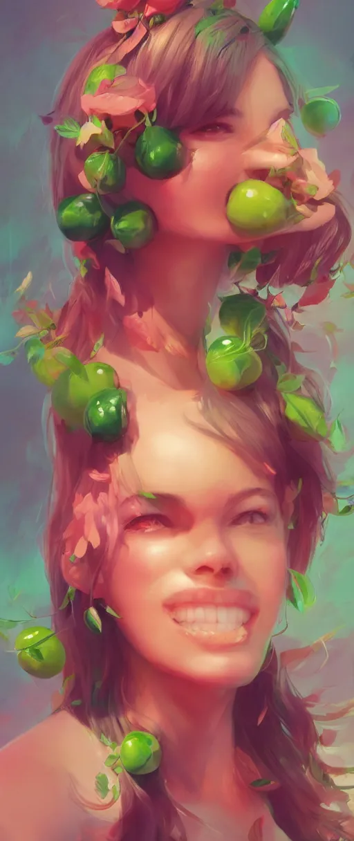 Prompt: 🍉🍒🥝🥬🥒🍑, joyful vibe and lighting, cgsociety, artstation, in the style of artgerm