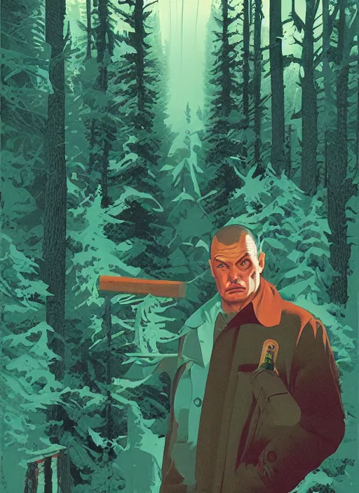 Image similar to Twin Peaks poster artwork by Michael Whelan, by Bob Larkin and Tomer Hanuka, Karol Bak of portrait of Joe Rogan the local lumberjack, from scene from Twin Peaks, clean, simple illustration, nostalgic, domestic