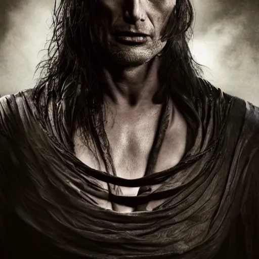 Image similar to mads mikkelsen as a vampire, male, late - 4 0 s aged, very long hair, slicked black hair, red eyes, clean shaven, wearing a cape, regal, royal, grim facial expression, high medieval fantasy, full color digital art, cinematic shot, portrait, wide shot.