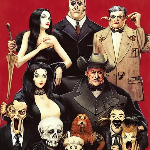 Image similar to the addams family as hillbillies in texas y j. c. leyendecker, yoji shinkawa, katayama bokuyo