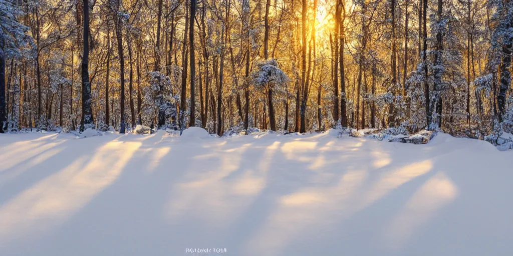 Prompt: forest covered in snow, golden hour, photorealistic, 4k,