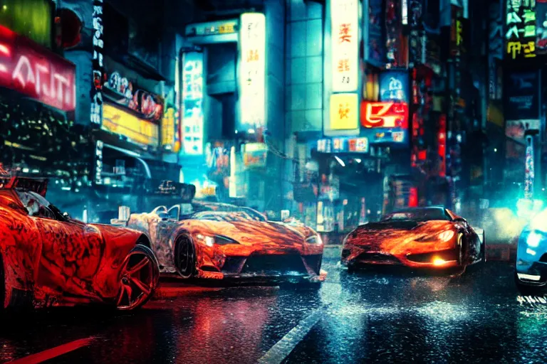 Prompt: tokyo drift fast and furious film still, racing on wet city street at night, hyper detailed, forza, smooth, need for speed, high contrast, volumetric lighting, octane, george miller, jim lee, vibrant rich deep color, comic book, ridley scott