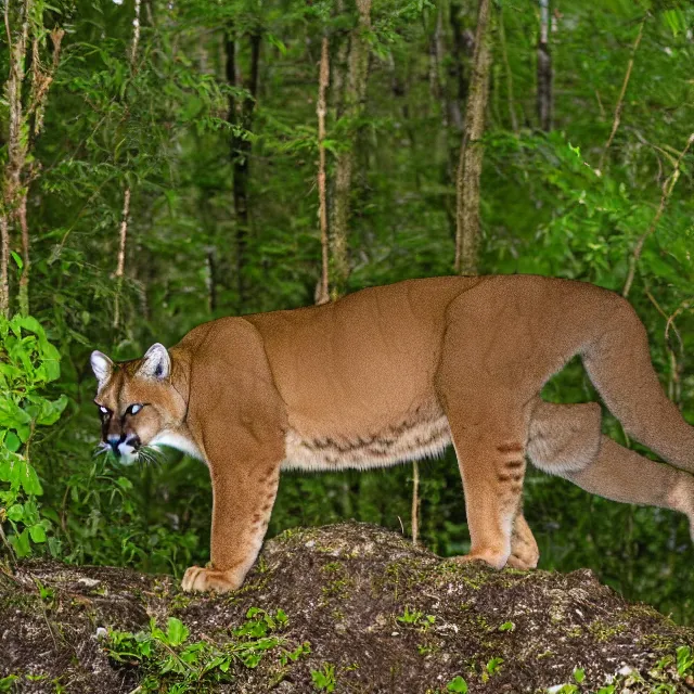 Image similar to cougar in forest at night, night vision goggles, shot from ground up, grainy