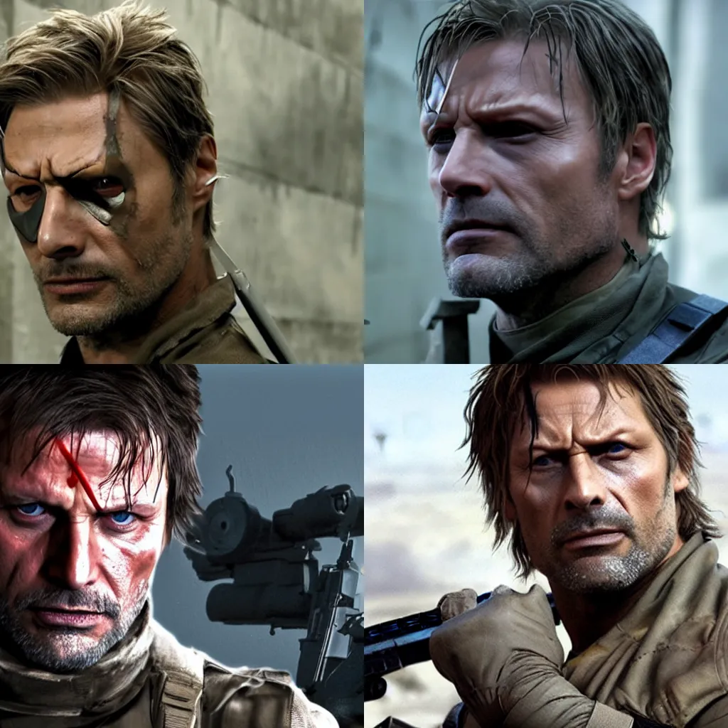 Prompt: Solid Snake played by Mads Mikkelsen, wearing an eye patch, unshaven, Metal Gear movie still, cinematic,
