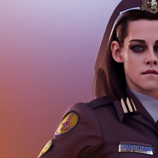 Image similar to Render of Kristen Stewart as Honor Harrington wearing an officer's uniform, cute 3d, long brown hair, brown eyes, soft smile, golden hour, aboard a starship, medium shot, mid-shot, trending on Artstation, Unreal Engine 4k