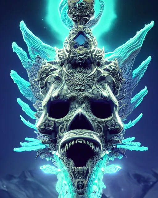 Image similar to 3 d ornate carved dark cosmic king with profile portrait, sigma 5 0 0 mm f / 5. beautiful intricate highly detailed quetzalcoatl skull. bioluminescent, plasma, lava, ice, water, wind, creature, thunderstorm! artwork by tooth wu and wlop and beeple and greg rutkowski, 8 k trending on artstation