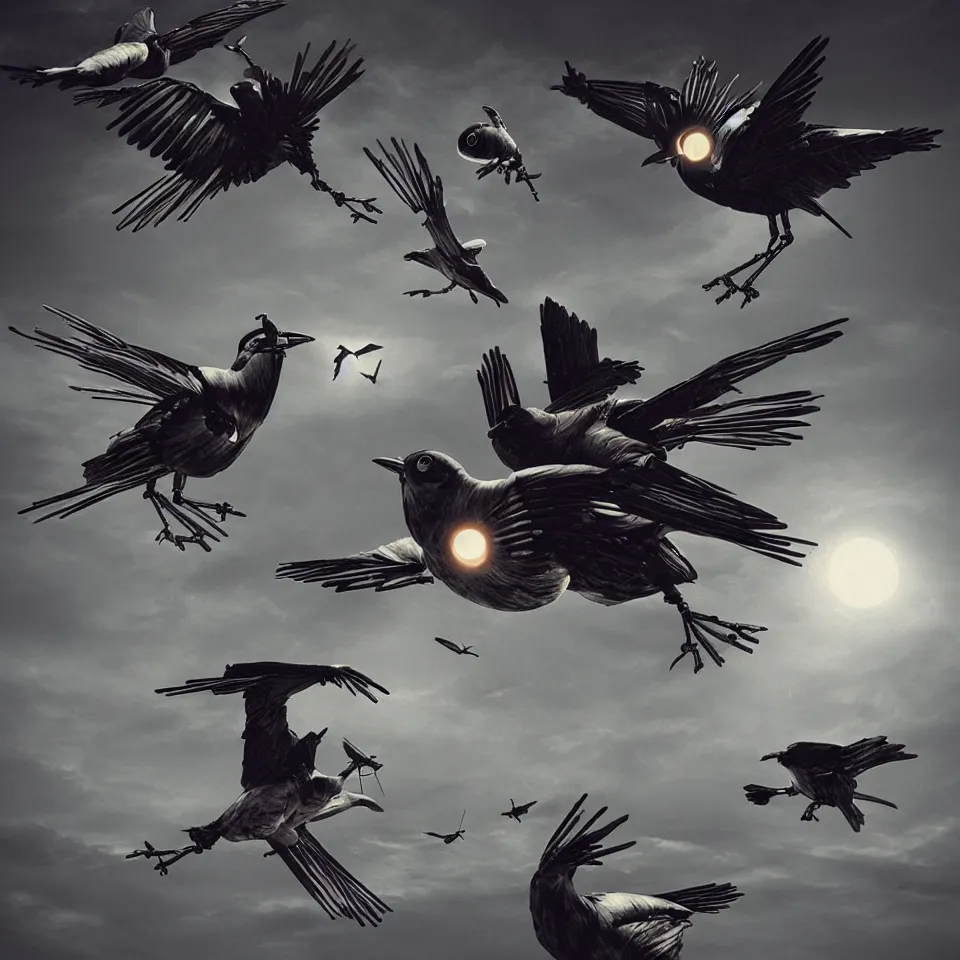 Image similar to robot birds by caravaggio, dynamic lighting, cinematic, epic composition, masterpiece