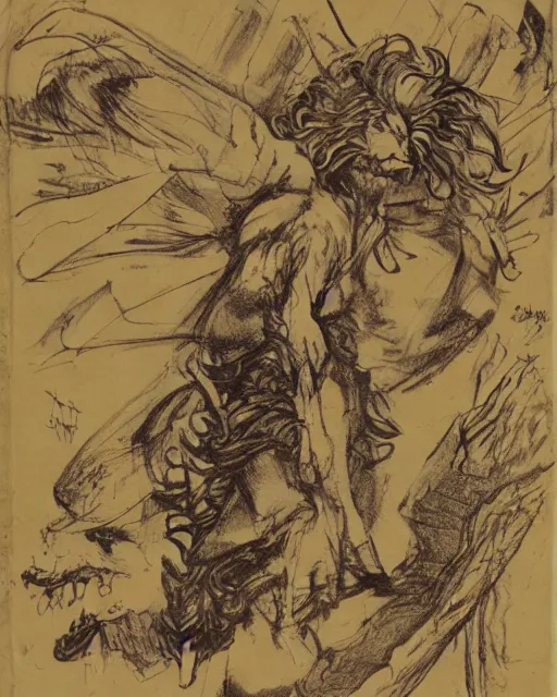 Image similar to a creature with the body and eyes of a man, with the beak of an eagle, the mane of a lion, and the horns of an ox. drawn by frank frazetta