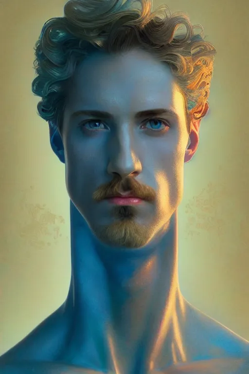 Image similar to bust of a man , strong boy, gradient rainbow, dreamy and ethereal, blue eyes, golden ratio, peaceful expression, ornate frilly dress, fantasy, intricate, elegant, rainbow bubbles, highly detailed, digital painting, artstation, concept art, smooth,b sharp focus, illustration, art by artgerm and greg rutkowski and alphonse mucha