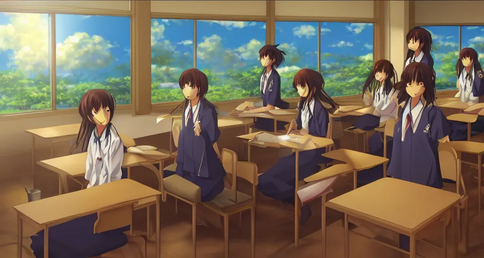 Prompt: empty japanese classroom in golden hour lighting, key visual novel, clannad, digital painting, anime, dreamy