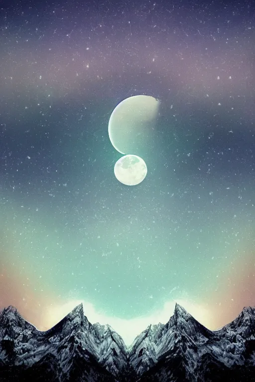 Image similar to digital matte fantasy dreamy mountain scape dark tones snow, crescent moon, wolf, 8 k by alex grey