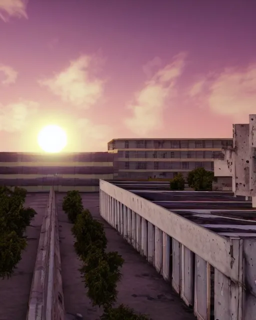 Prompt: a beautiful photorealistic render of store city urbex architecture unfinished building building by alejandro aravena, retro vaporwave sunlight fisheye alien thermal vision sunset at dawn, archdaily, wallpaper, highly detailed, trending on artstation.