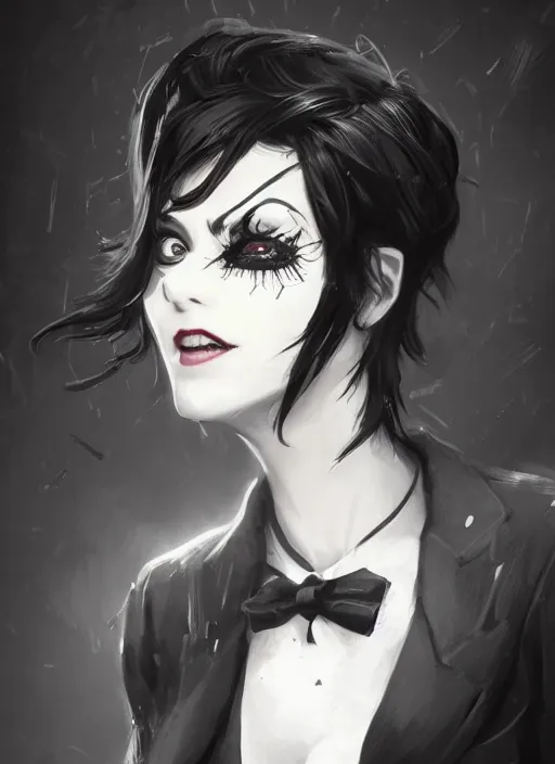 Image similar to a highly detailed illustration of beautiful short black messy haired woman wearing eyepatch!!! and noir style suit and tie, dramatic smiling pose, intricate, elegant, highly detailed, centered, digital painting, artstation, concept art, smooth, sharp focus, league of legends concept art, WLOP