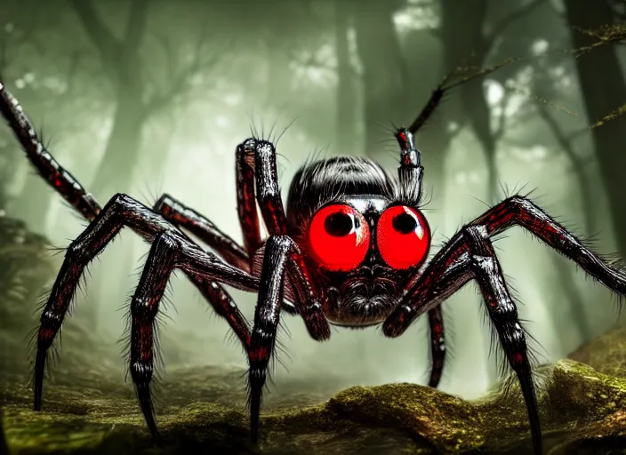 Image similar to white crystal clear spider with huge red eyes in a forest. highly detailed 8 k. intricate. lifelike. soft light. fantasy horror style. cinematic post - processing