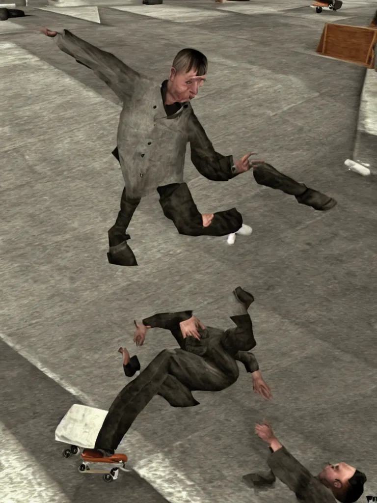 Image similar to 'adolf hitler skatboarding in tony hawks pro skater 2, warehouse level, realistic, dramatic'