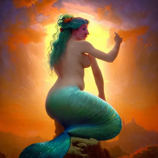 Image similar to a beautiful stunning interesting detailed fantasy whimsical matte digital portrait illustration of a mermaid with blue-green hair, yellow-orange and red-violet spectacular sunset, in the style of William Adolphe-Bouguereau and Marc Simonetti, magic the gathering, trending on artstation hq, contest winner