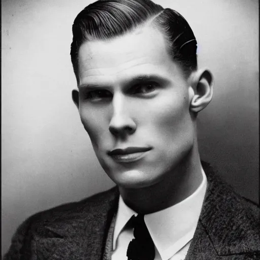 Image similar to A photograph portrait of Jerma985 wearing a suit with short slicked hair in the early 1930s, taken in the early 1930s, grainy, taken on a early 1930s Kodak Camera, realistic, hyperrealistic, very realistic, highly detailed, very detailed, extremely detailed, detailed, digital art, trending on artstation