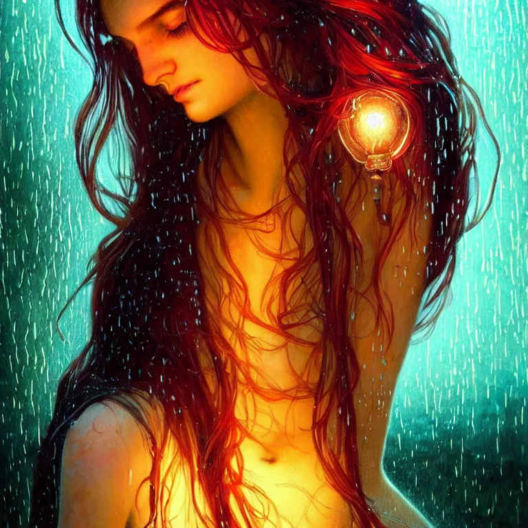 Image similar to bright asthetic portrait LSD glowing backlit rain on face and wet hair, fantasy, intricate, elegant, dramatic lighting, highly detailed, lifelike, photorealistic, digital painting, artstation, illustration, concept art, smooth, sharp focus, art by John Collier and Albert Aublet and Krenz Cushart and Artem Demura and Alphonse Mucha