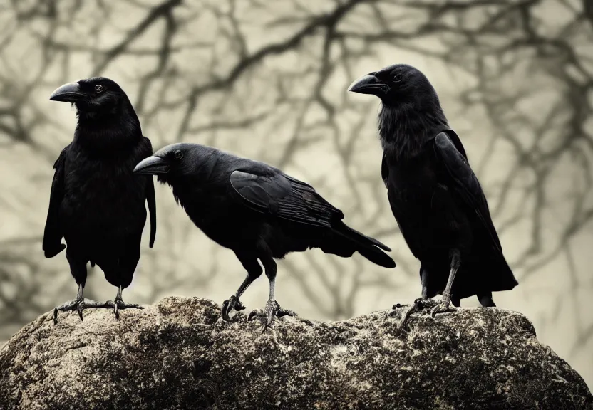 Prompt: a 4k render of a crow with a headset on interviewing another crow standing on a rock, warm natural lighting, under the soft shadow of a tree, slight haze