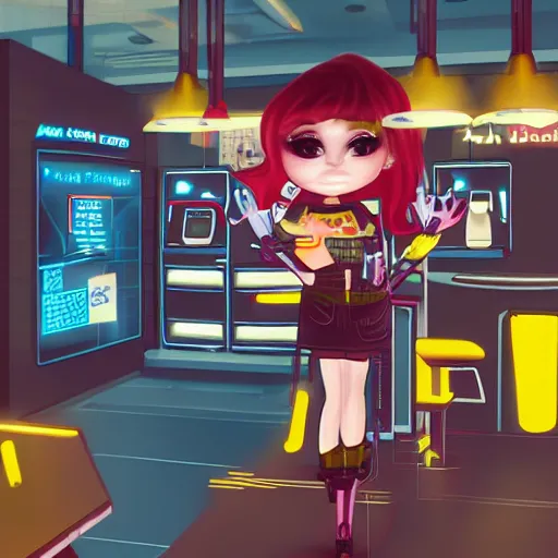 Prompt: a cute cyberpunk girl working in a mcdonaldpunk fastfood restaurant