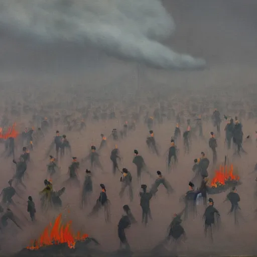 Prompt: a surreal painting of a bleak forest of small japanese bonsai trees on fire, smoke in the sky, people standing around screening and running, ominous, oil on canvas