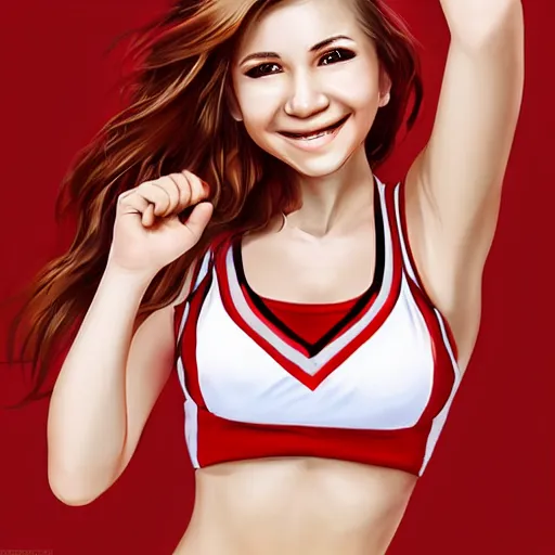 Prompt: very very very beautiful cheerleader, making eye contact, smiling, flirty, perfect body, perfect face, drawn by artgerm