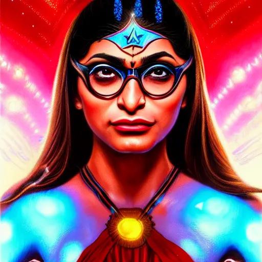 Image similar to mia khalifa as darna, wax figure, glowing eyes, volumetric lights, red and cyan theme, art nouveau botanicals, intricate, highly detailed, digital painting, artstation, concept art, smooth, sharp focus, cinematic, illustration, beautiful face, art by artgerm and greg rutkowski and alphonse mucha